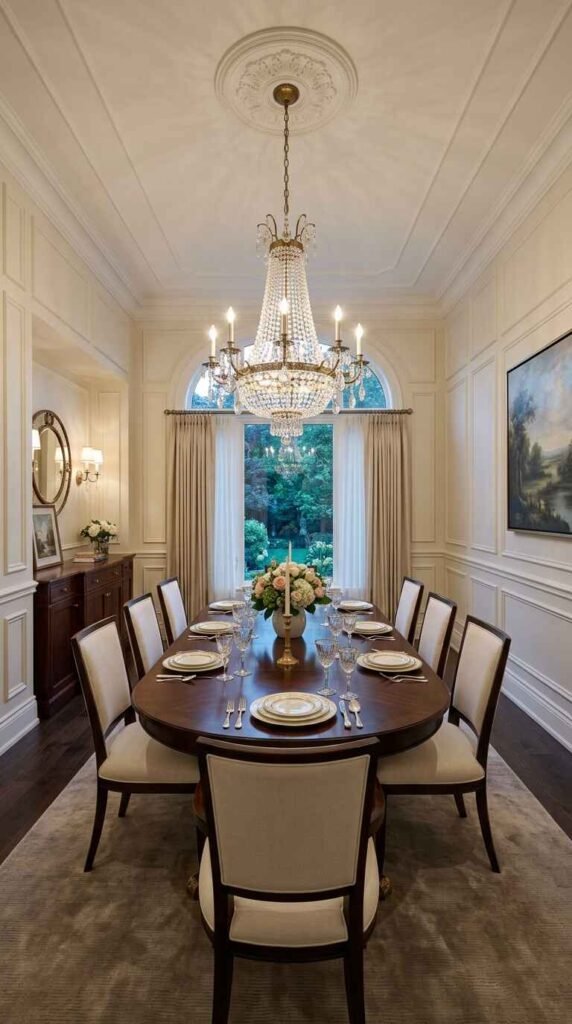 Traditional French crystal chandelier hung low over an oval dark wood dining table surrounded by cream upholstered dining chairs.