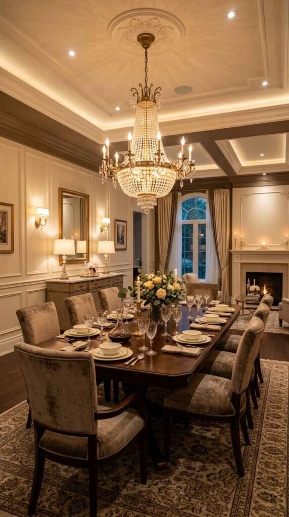 Transitional dining room feature with a large crystal chandelier, matching brass wall sconces, and ambient fireplace glow.