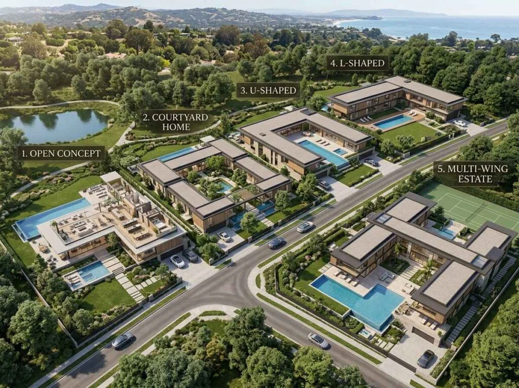 Aerial 3D site plan comparison showing five types of luxury home layouts, including open-concept, courtyard, U-shaped, L-shaped, and multi-wing estate designs.