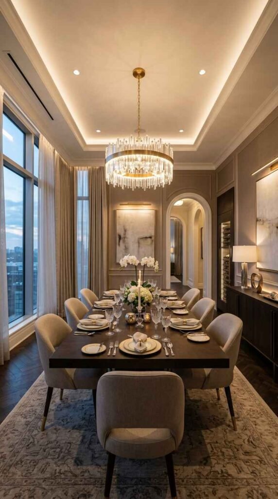 Modern luxury dining room illuminated with 2700K warm ambient LED tray ceiling lighting and a matching circular crystal drum chandelier.
