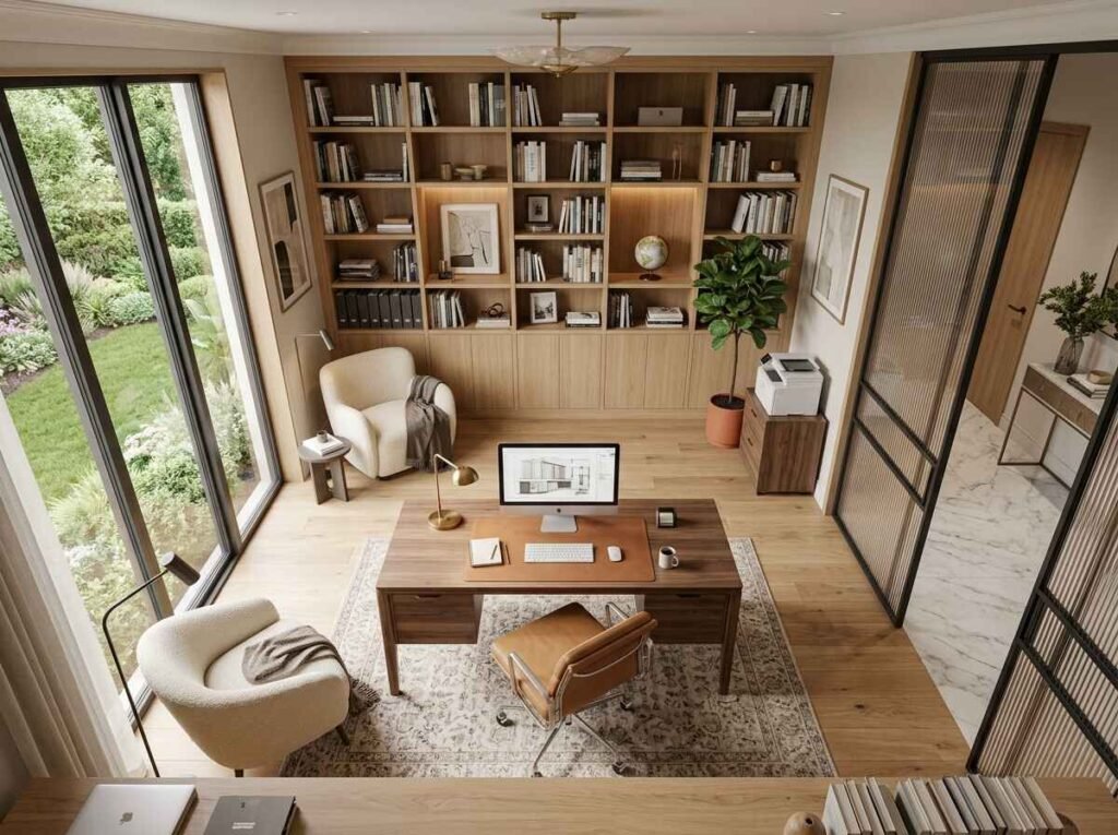 Luxury home office design with built-in wooden bookshelves, executive desk, and fluted glass privacy partitions