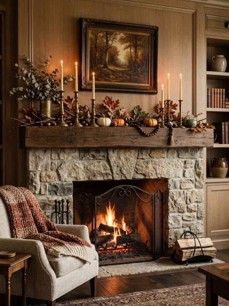 Stone fireplace mantel adorned with tall antique brass candle holders, autumn oak leaves, small gourds, and a rustic wood beam.