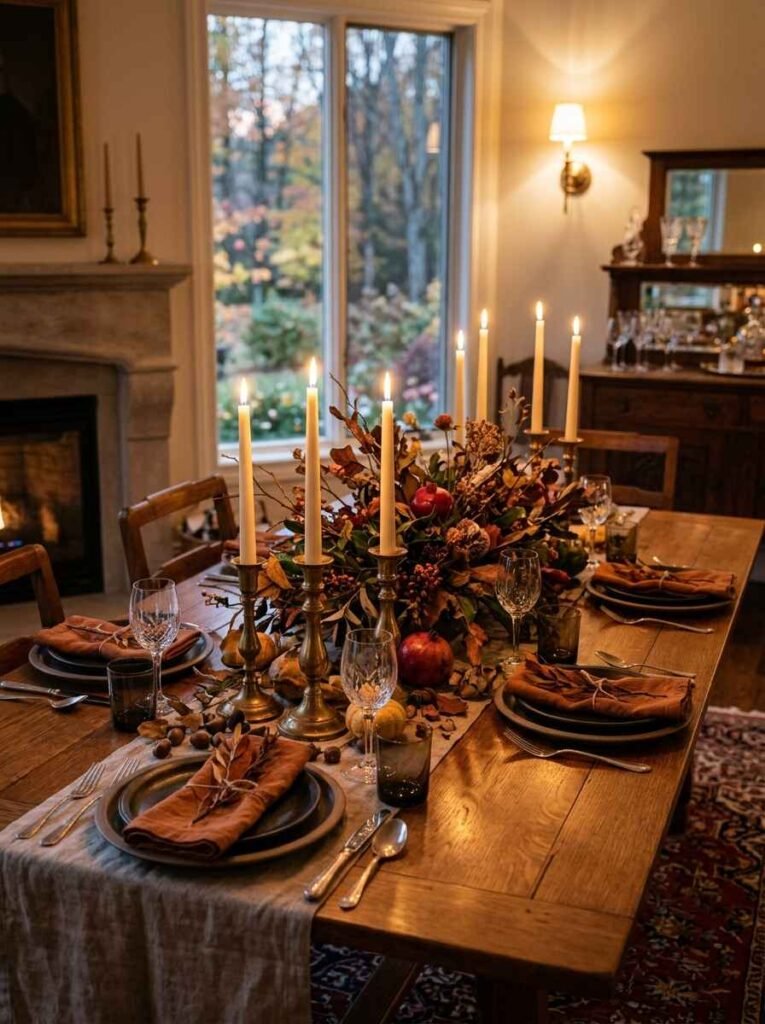Vintage aged brass taper candle holders arranged along a rustic wooden dining table with autumn floral foliage.