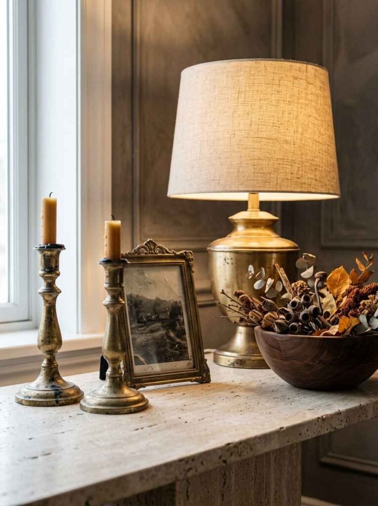 Aged brass table lamp and vintage candlestick holders styled on a travertine console with a wooden bowl and dried botanicals for autumn.