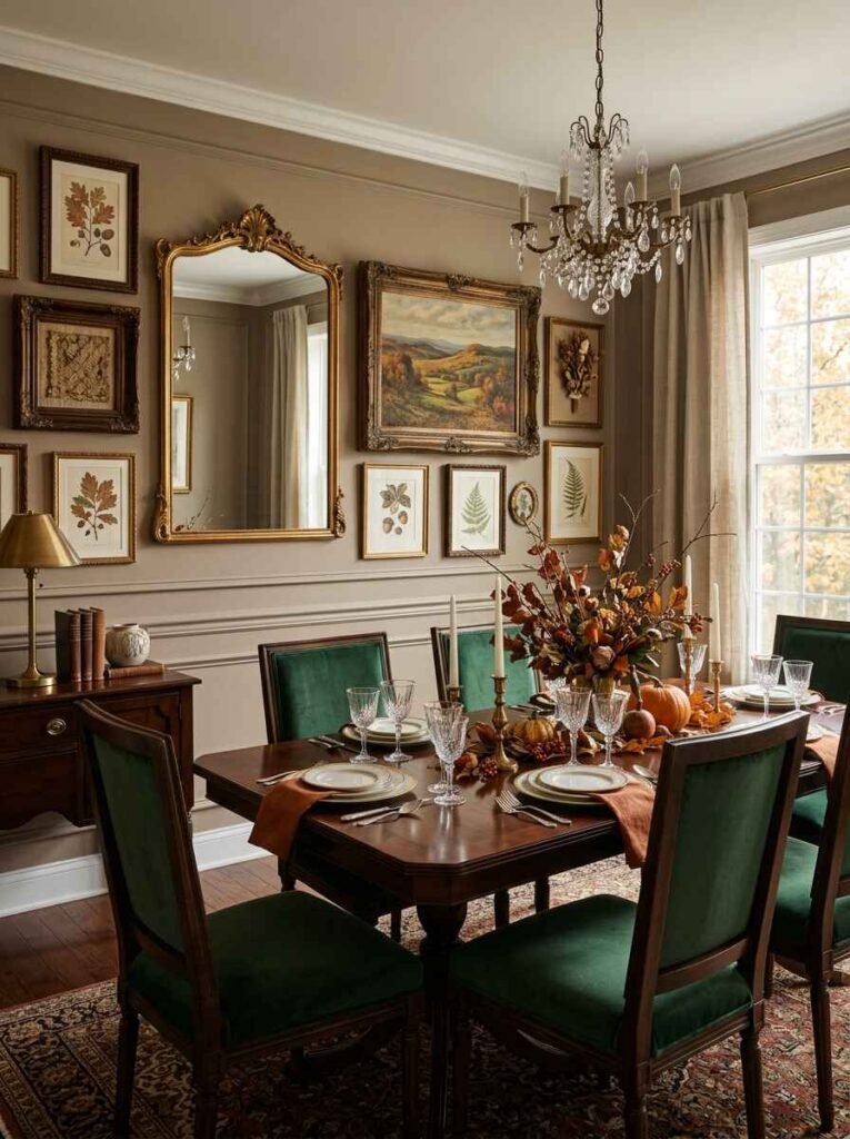 Warm taupe dining room wall featuring a gallery of gilded framed botanical prints, an ornate gold mirror, and deep green velvet upholstered chairs.