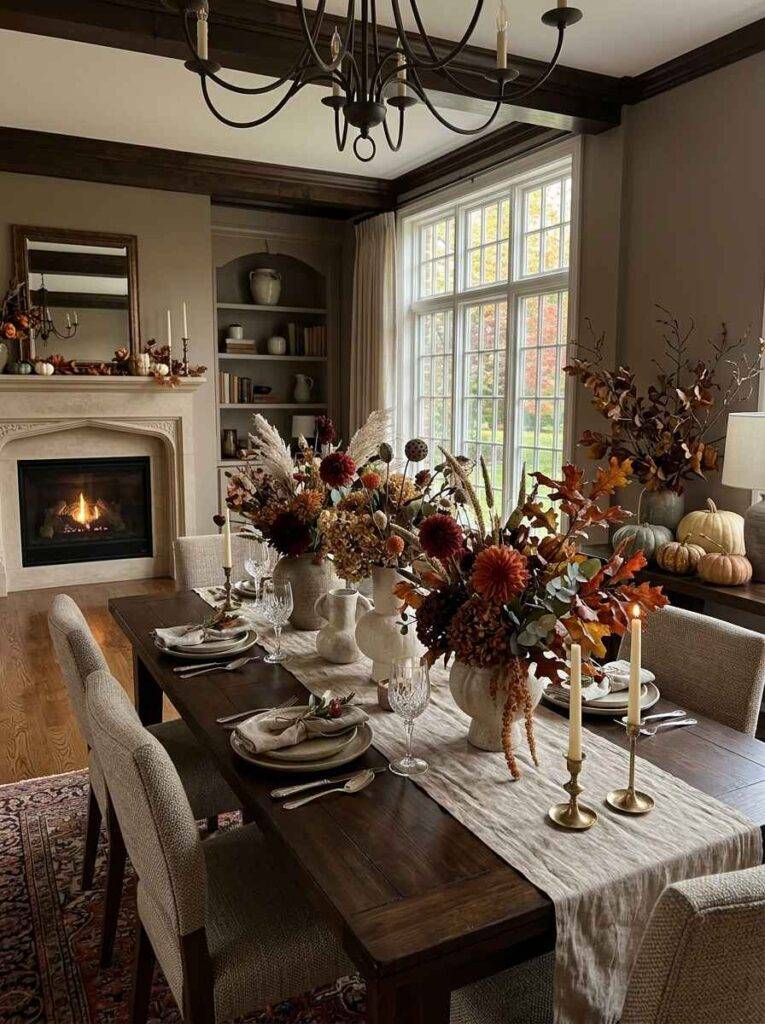 Long dining table styled with a soft linen runner, tall ceramic vases holding rich burgundy dahlias, dried grasses, and warm brass candlesticks.