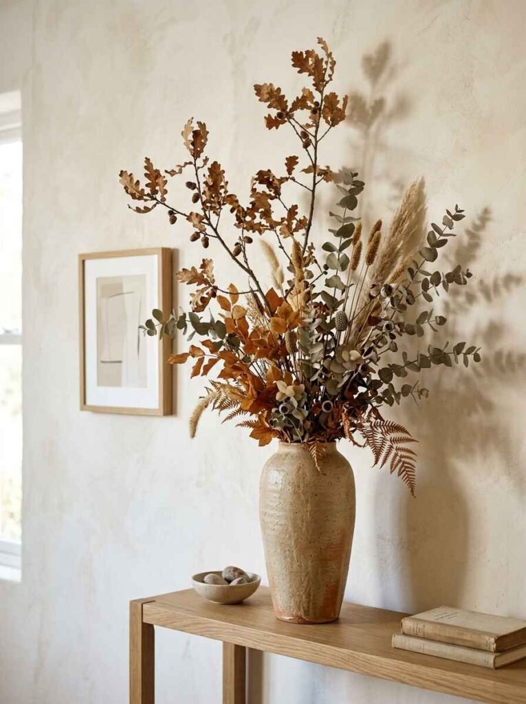 Tall dried oak branches and preserved eucalyptus arranged in a rustic ceramic vase on an oak entryway console.