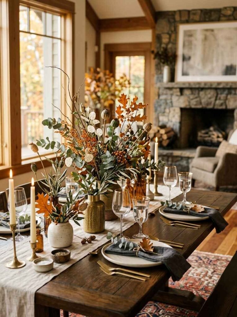 Tall stoneware vase styled with dried oak leaves, eucalyptus, and poppy pods on a wooden dining table.