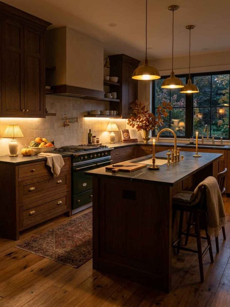Dark wood kitchen with warm glow from brass pendant lights, small table lamps on black countertops, and under-cabinet accent lighting.