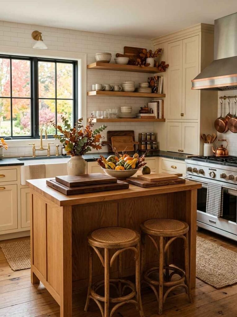 Natural oak kitchen island with stacked wooden cutting boards, woven barstools, open wood shelving, and autumn leaves in a vase. (fall kitchen decor ideas)