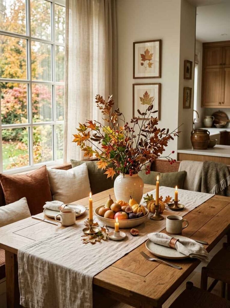 Cozy breakfast nook wooden table styled with a beige linen runner, ceramic vase filled with fall leaves, fruit bowl, and brass candlesticks.