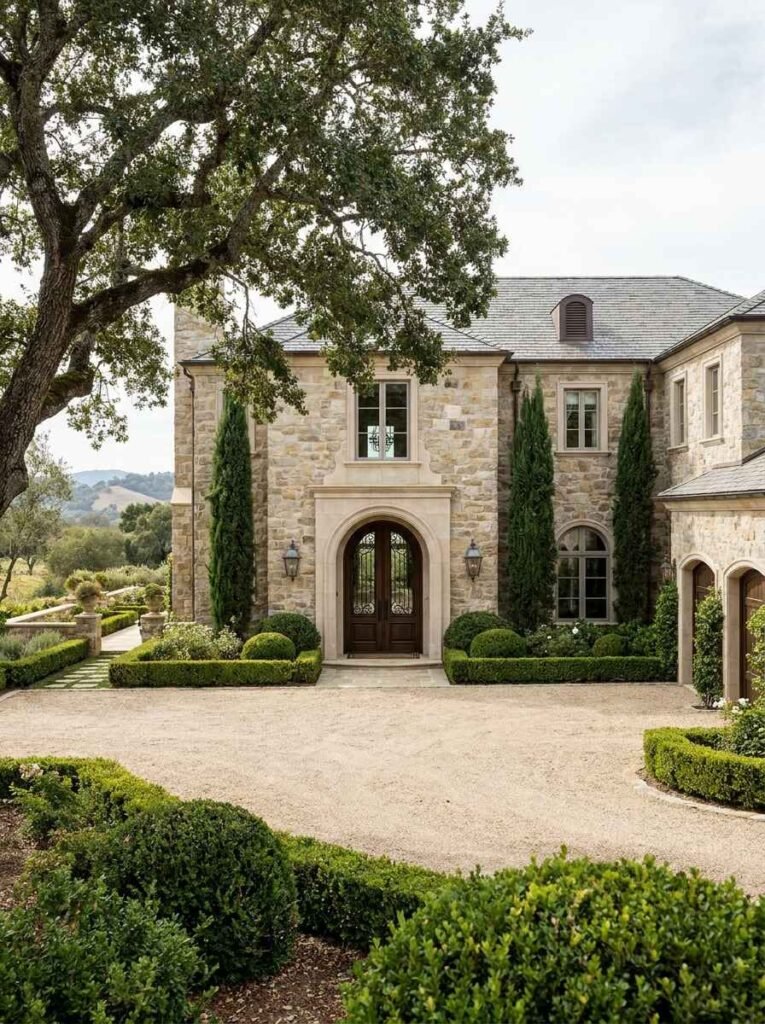 Grand European-style stone estate facade featuring a dark arched double entry door set within a carved stone archway