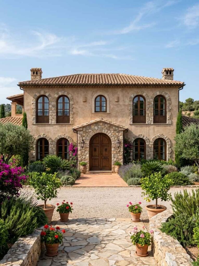 Mediterranean luxury home exterior with elegant dark wood arched windows, stone trim surrounds, textured stucco walls, and a matching arched front door.