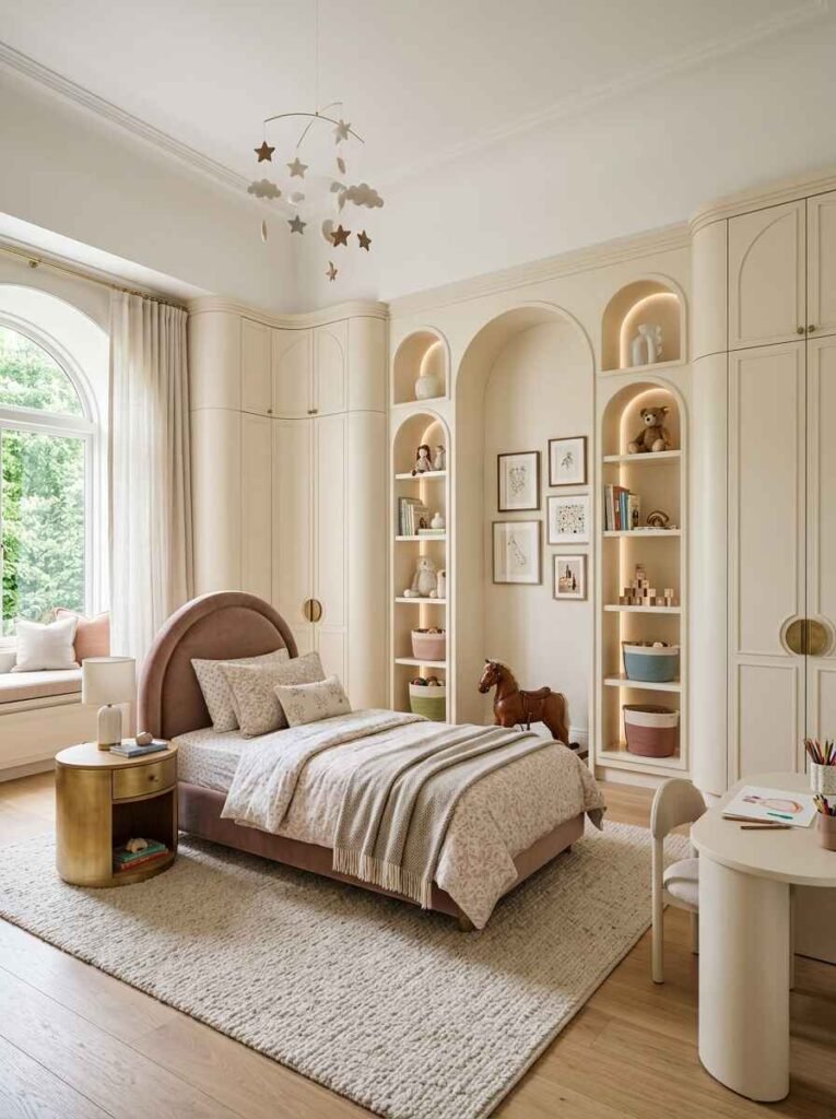Cream built-in wardrobe with recessed arched display niches holding plush toys, books, and woven storage bins next to a cozy velvet bed.