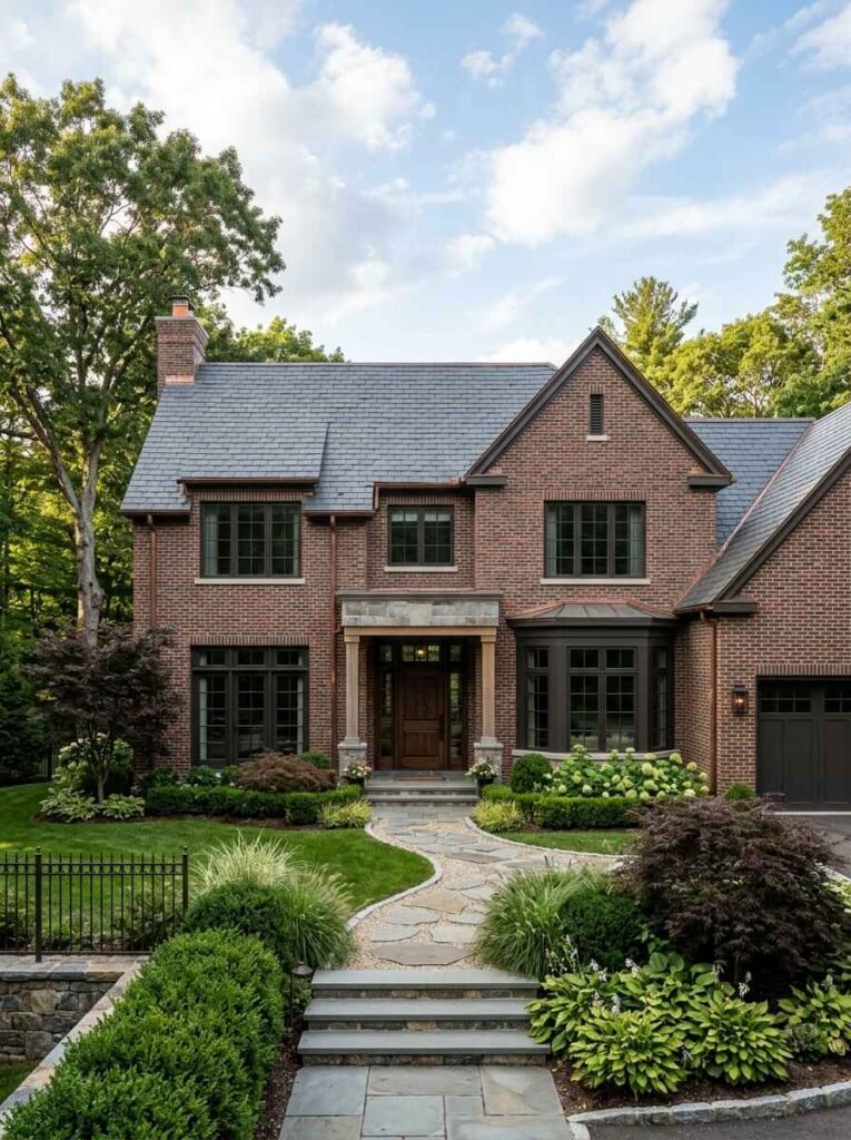 Traditional luxury brick house exterior with dark red architectural brick cladding, slate roof tiles, and stone entry portico