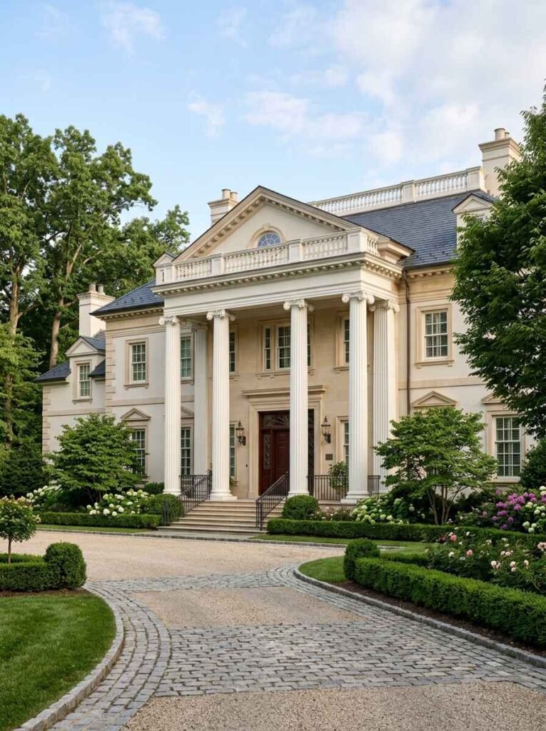 Classic luxury estate exterior featuring stately white architectural columns, grand portico entryway, slate roof, and cobblestone circular driveway