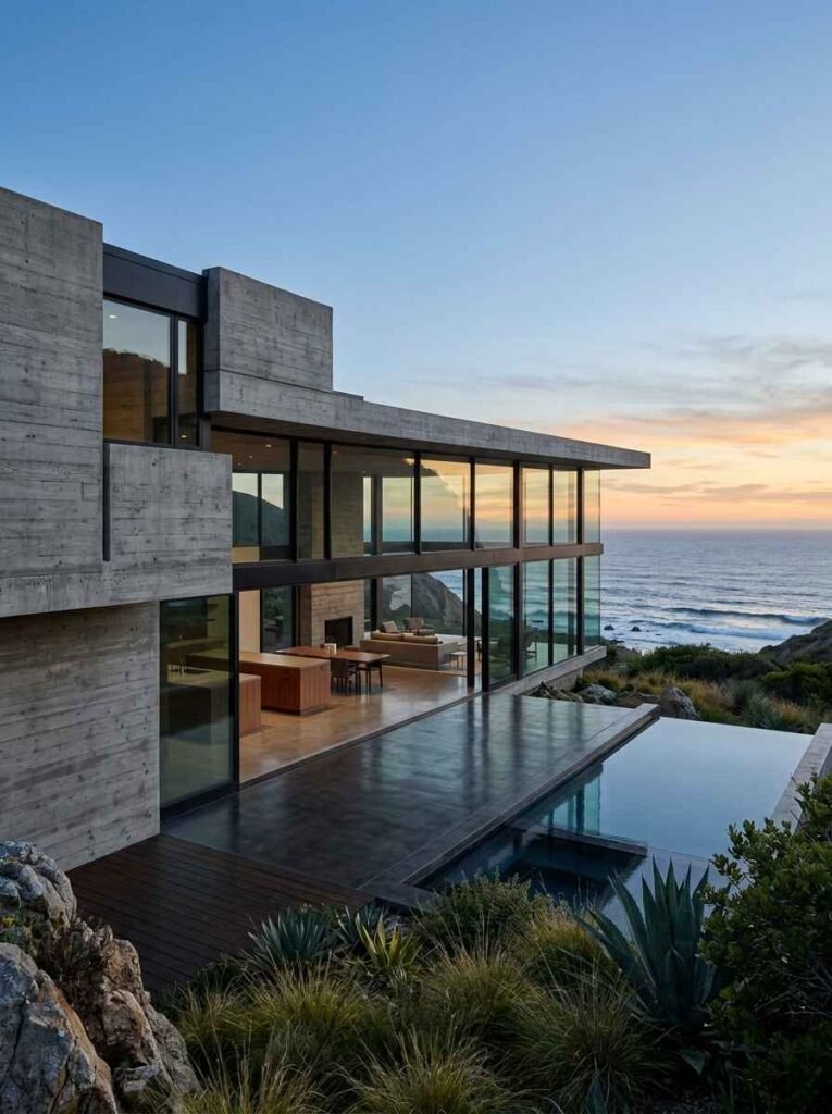 Board-formed architectural concrete home exterior on coastal cliff with floor-to-ceiling glass walls and infinity pool