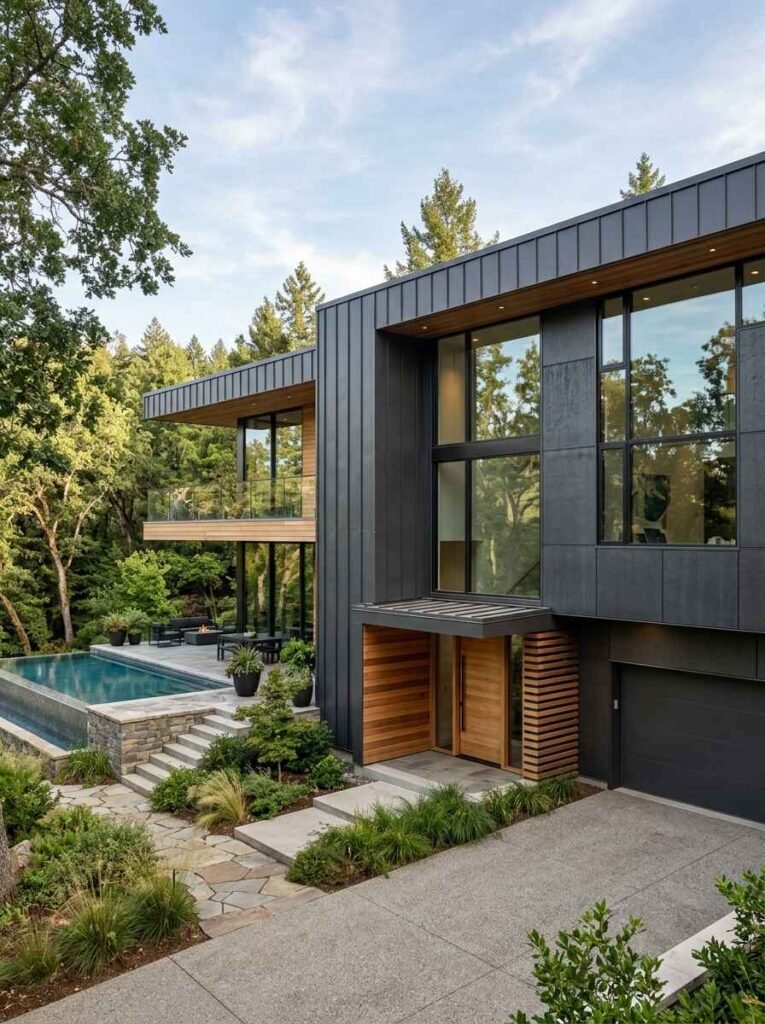 Contemporary luxury home exterior showcasing matte black architectural metal panels paired with natural timber soffits