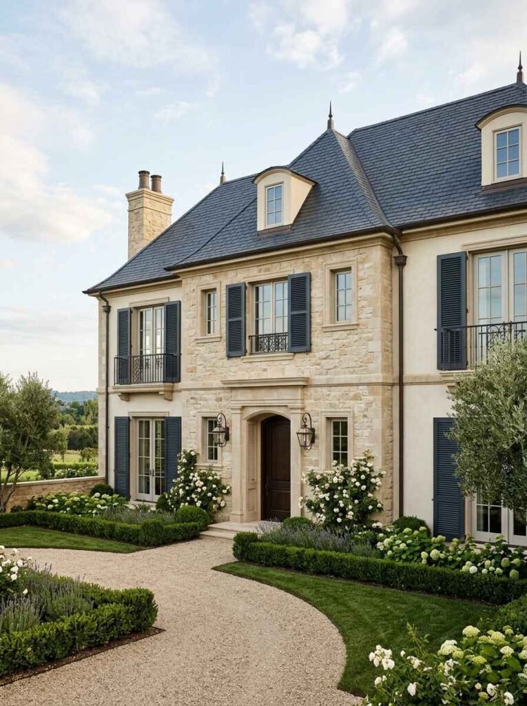 European-inspired luxury stone home exterior featuring dark decorative window shutters, dormer windows, and a manicured gravel walkway