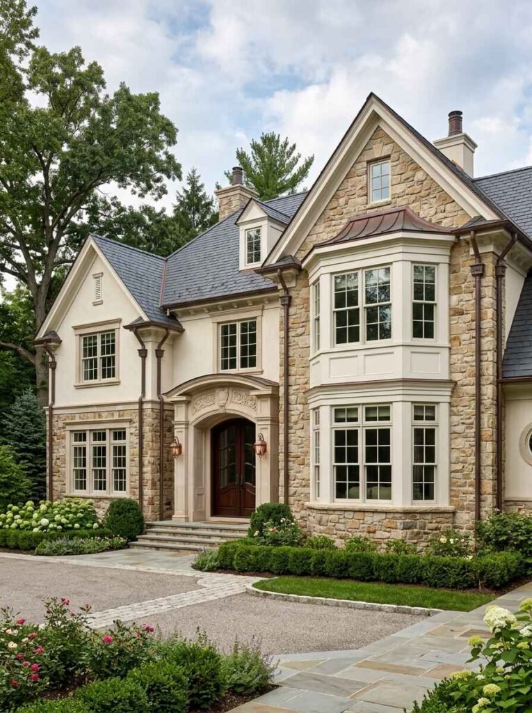 Traditional luxury estate facade featuring a two-story projecting bay window with white grid panes, stone veneer walls, and a slate roofline.