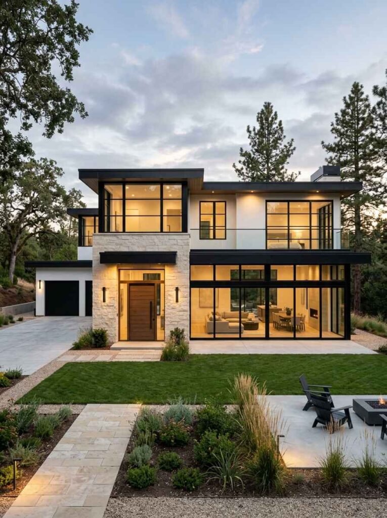 Modern two-story luxury house facade showcasing black-framed grid windows, floor-to-ceiling glass, light stone accents, and interior accent lighting.