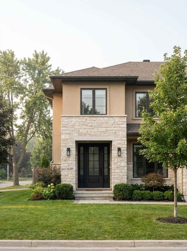 Modern transitional residence exterior featuring a bold black glass-paneled entry door surrounded by light stone masonry
