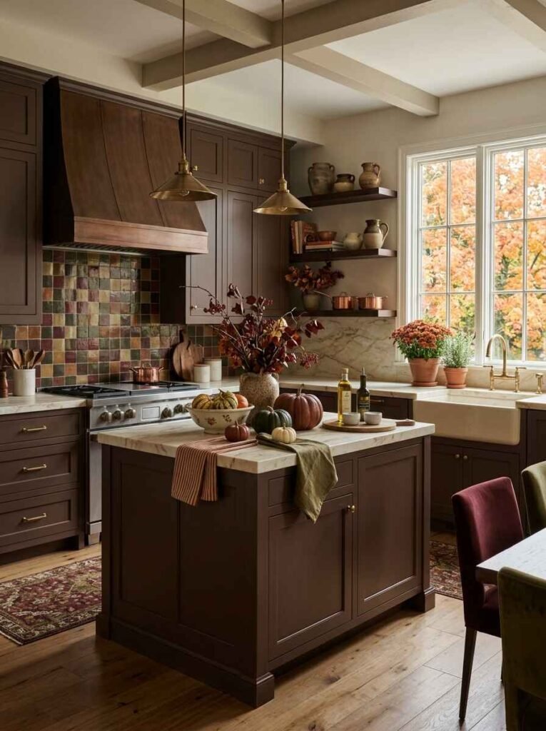 Rich chocolate brown kitchen cabinets paired with colorful tile backsplash, dark burgundy accent chairs, and small gourds on a marble island.