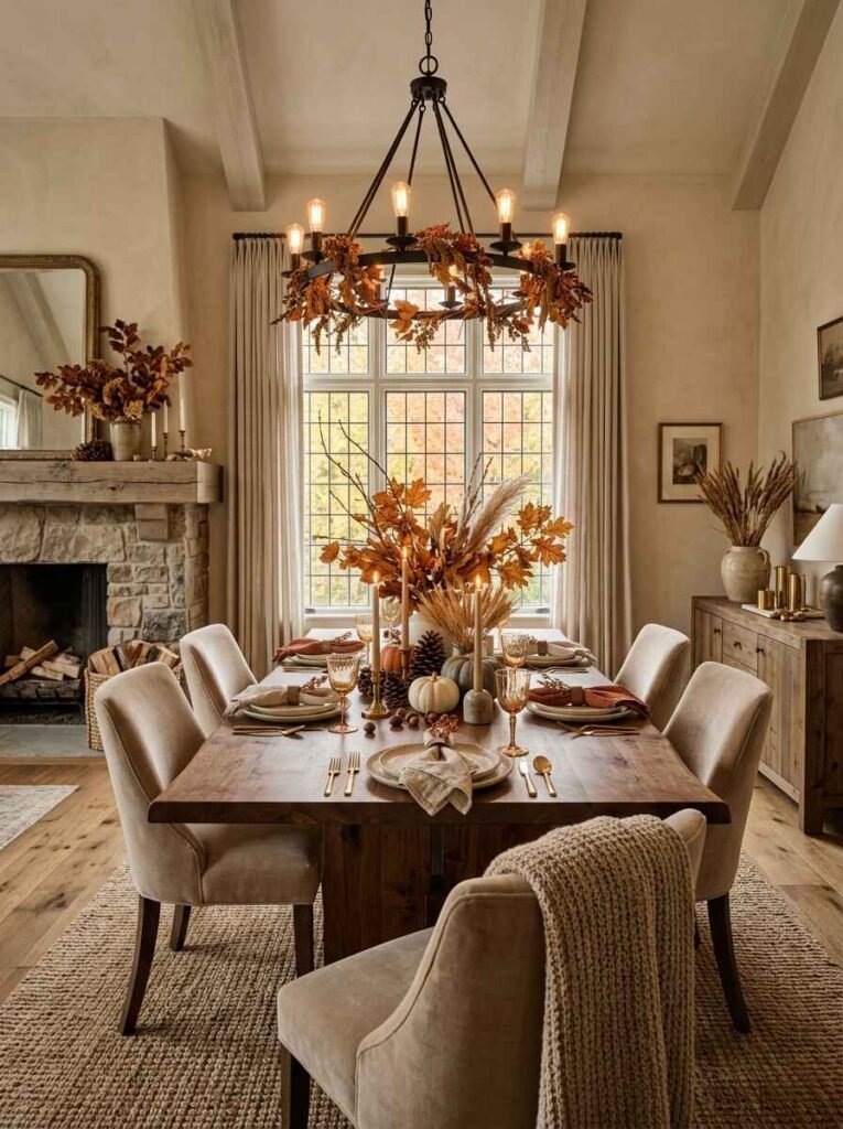 Rustic wood dining table decorated with natural fall oak leaves, dried pampas grass, white gourds, and a leafy wreath wrapped around a wheel chandelier.