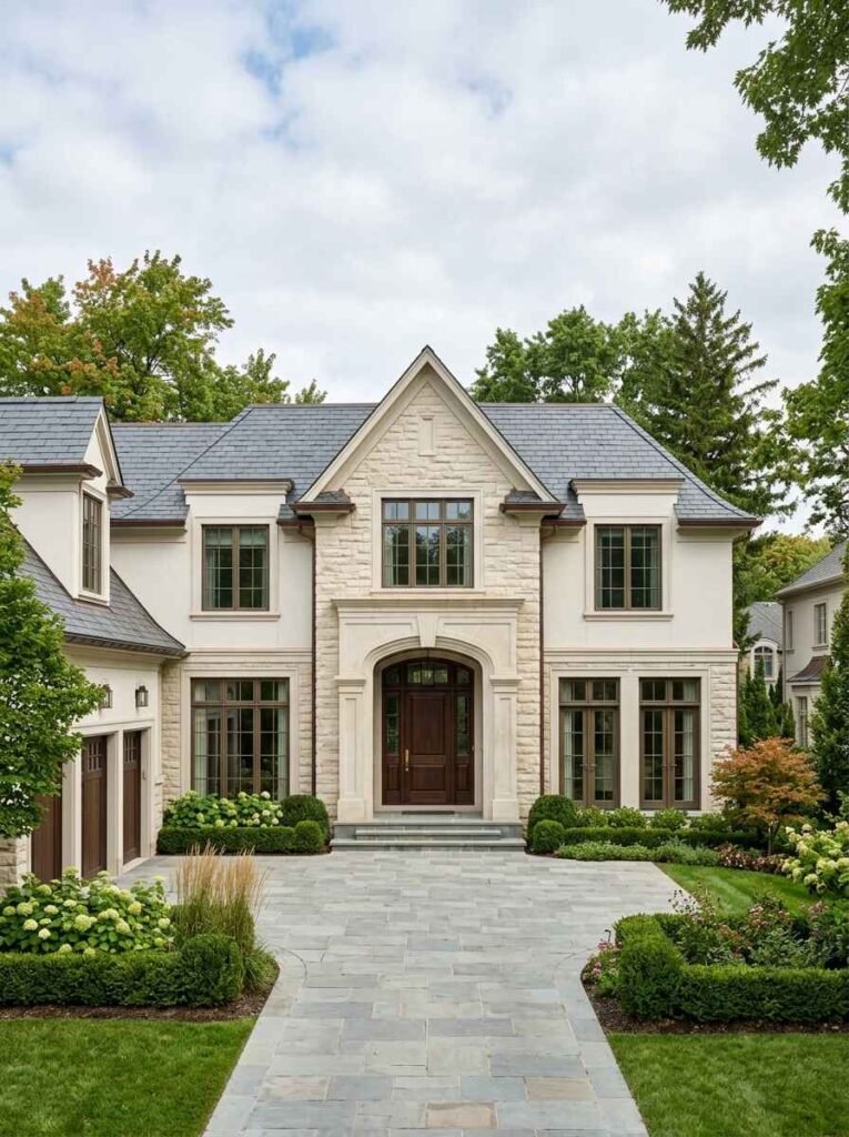 Upscale transitional home featuring bronze-framed exterior windows, limestone entry archway, creamy stucco facade, and slate roof tiles.