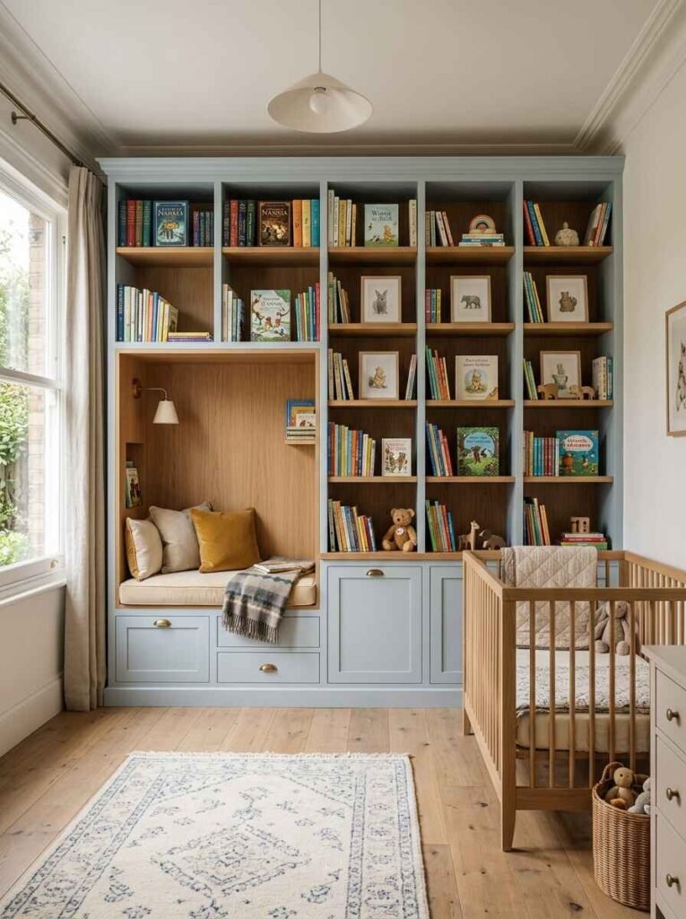 Soft blue full-height built-in bookcase with integrated wooden reading nook bench, lower storage drawers, and matching wooden crib.