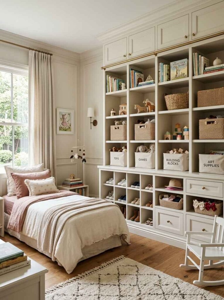 Floor-to-ceiling cream storage wall featuring open book shelves, labeled cloth bins, lower shoe cubbies, and brass hardware detail.