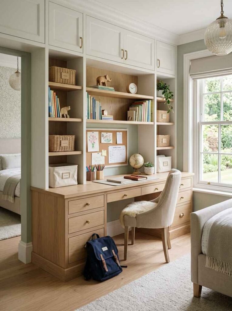 Natural oak built-in study desk with cork pinboard, drawers, open bookshelves, woven bins, and upper cream cabinets in a kids room.