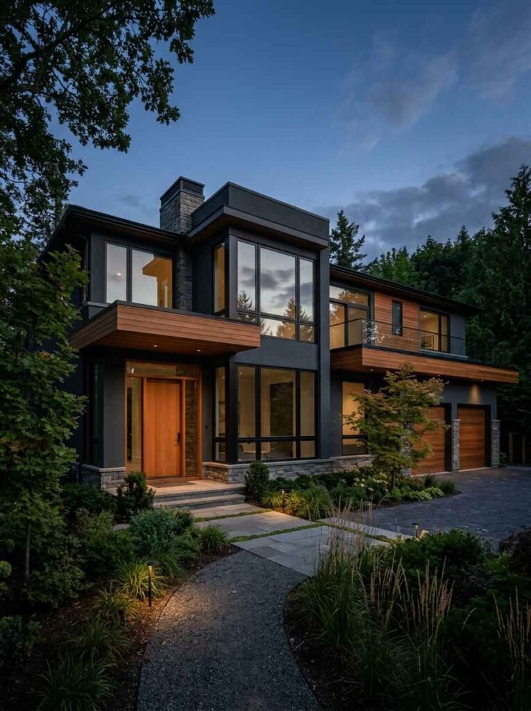 Modern two-story luxury house featuring dark charcoal exterior walls, warm timber soffits, black window frames, and stone cladding details.