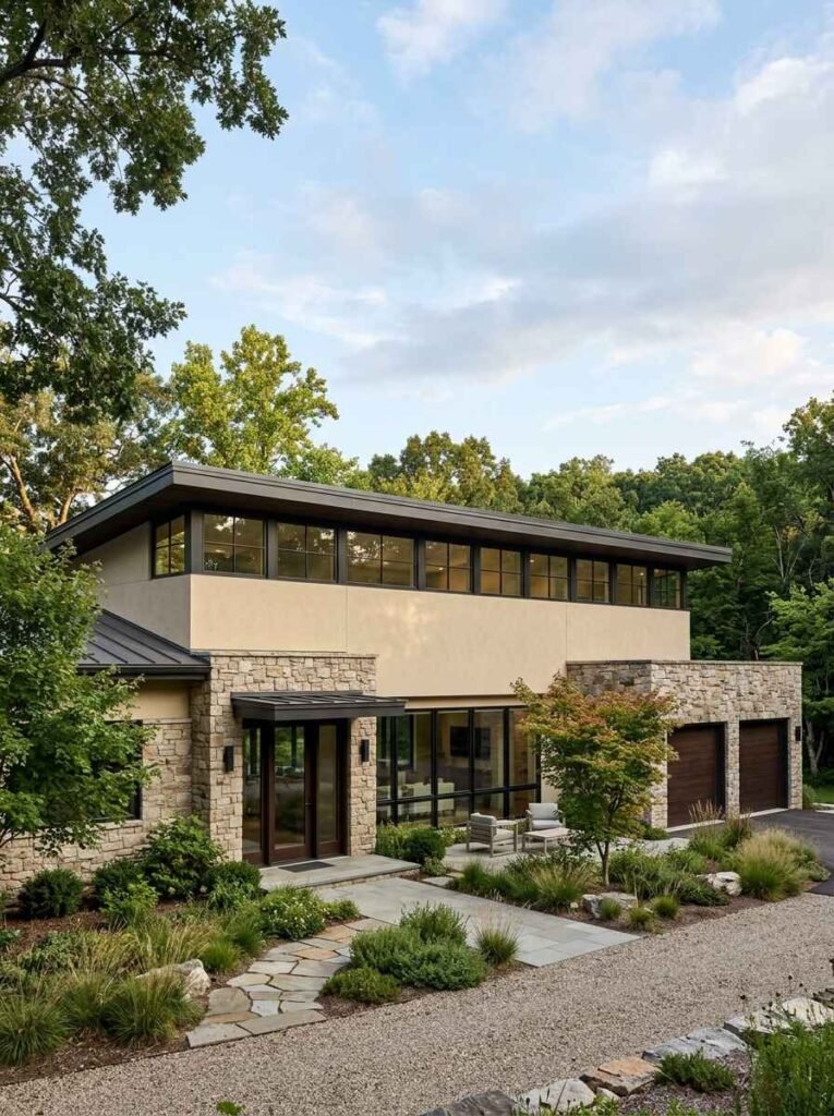 Modern craftsman luxury home with clerestory windows along the upper roofline, stacked stone pillars, warm beige exterior stucco, and a gravel entry driveway.