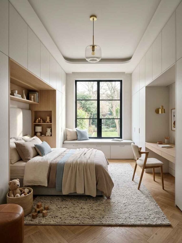 Streamlined white handleless wall cabinets surrounding a window bench and desk area in a modern luxury kids bedroom.
