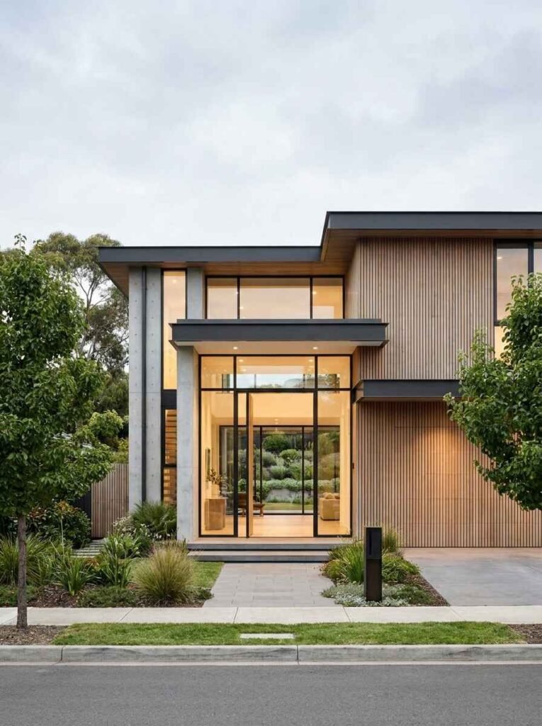 Ultra-modern luxury home facade showcasing a two-story glass entry door structure with thin black frames and warm interior lighting