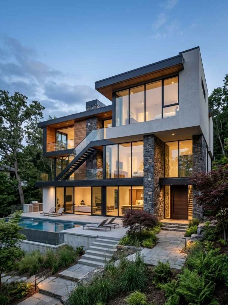 Contemporary modern luxury home exterior featuring floor-to-ceiling glass windows, stacked stone accent walls, integrated pool deck, and exterior staircase