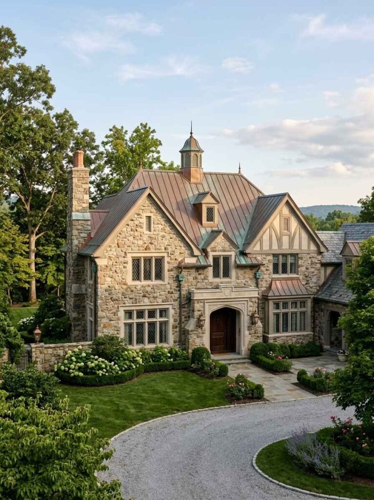 European manor estate facade featuring aged copper standing seam roof, dormers, and natural stone masonry exterior