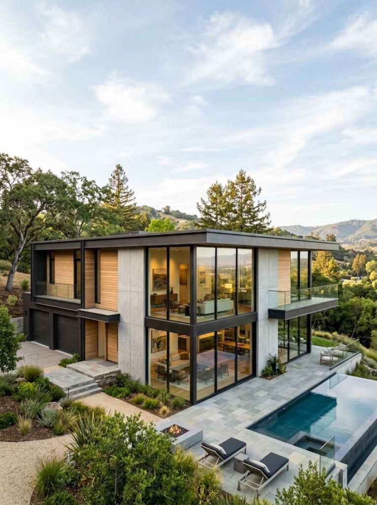 Contemporary two-story luxury home featuring floor-to-ceiling corner glass windows, dark frame accents, exterior wood paneling, and an infinity pool deck.