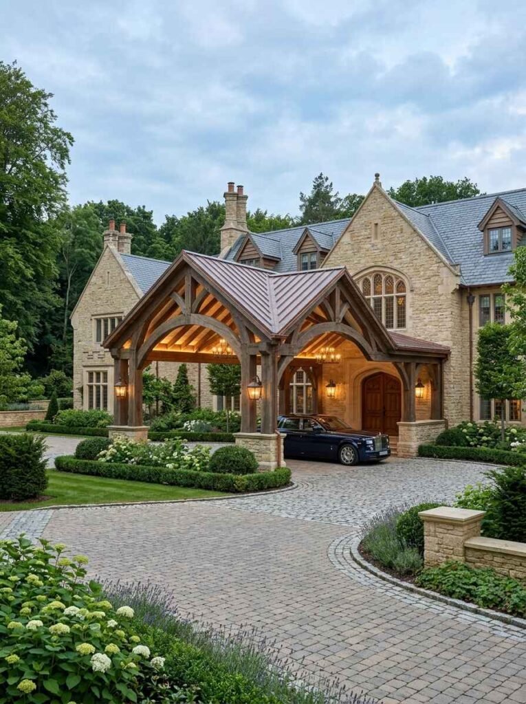 Grand timber frame porte-cochères covered entryway on a luxury stone mansion with warm exterior accent lighting and cobblestone driveway