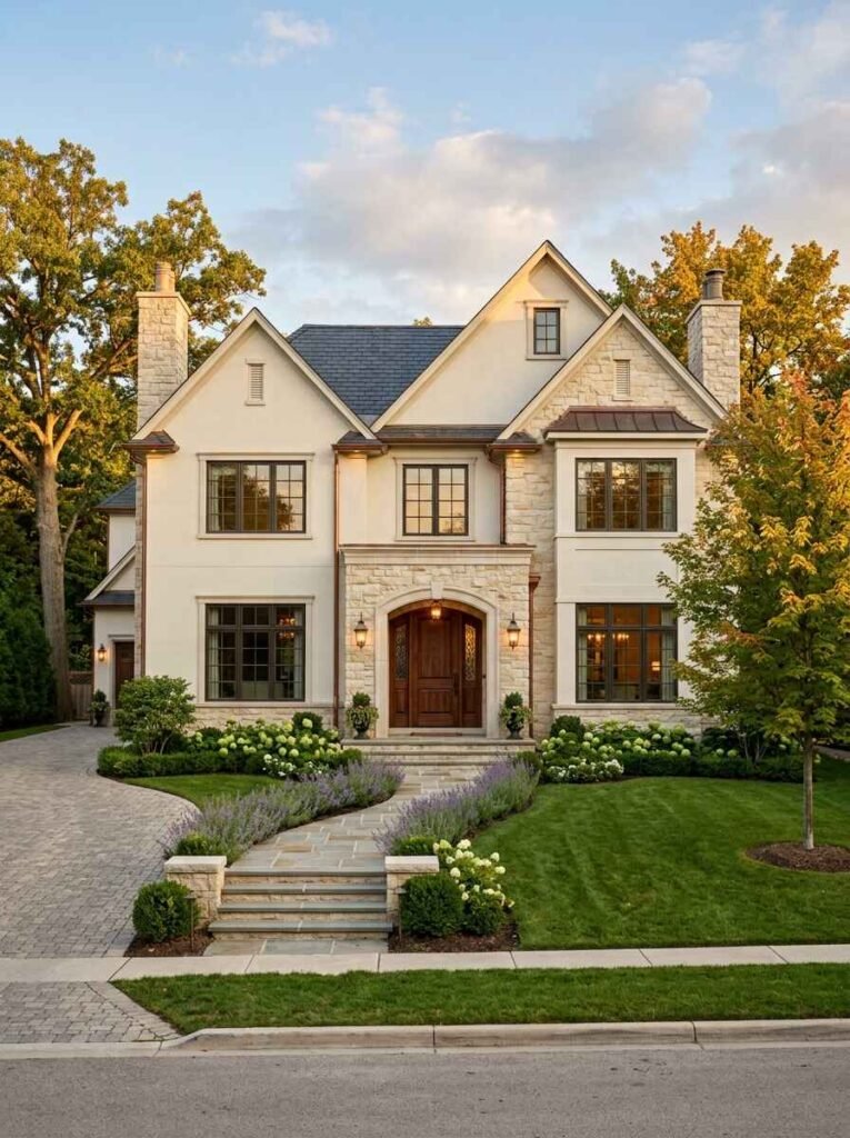 Traditional luxury home with creamy off-white exterior walls, natural stone entrance archway, dark window grids, and a rich wood front door.