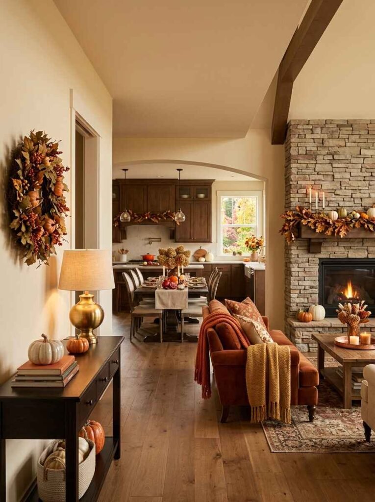Open-concept living and dining area seamlessly decorated for fall with warm terracotta throws, stone hearth garland, and matching oak accents.