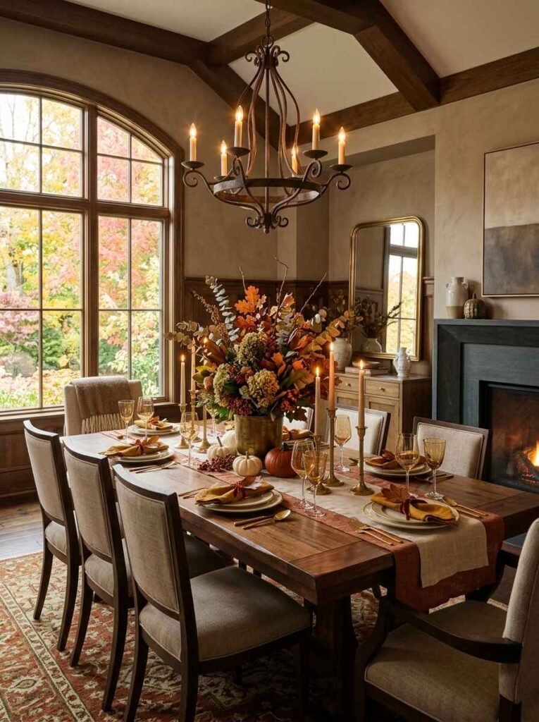 Luxurious fall dining room with a grand floral arrangement, brass candlesticks, dark wood ceiling beams, and arched window view.