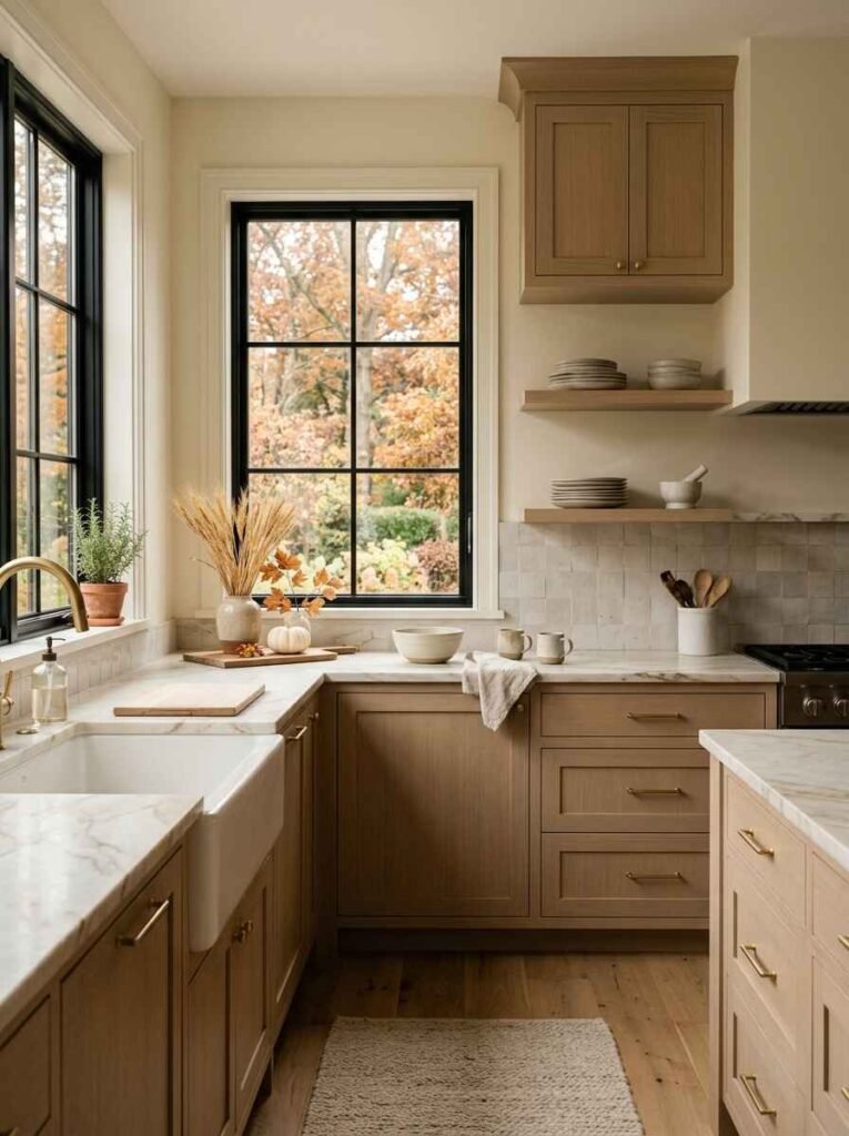 Minimalist light wood kitchen with plain zellige tiles, white marble counter, ceramic dishware, and a subtle vase of dried wheat stalks.