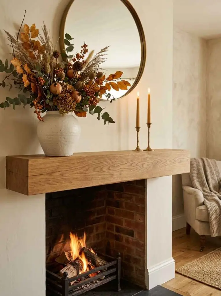 Natural oak fireplace mantel styled with a large ceramic vase of dried botanicals, two taper candles, and a round brass mirror.