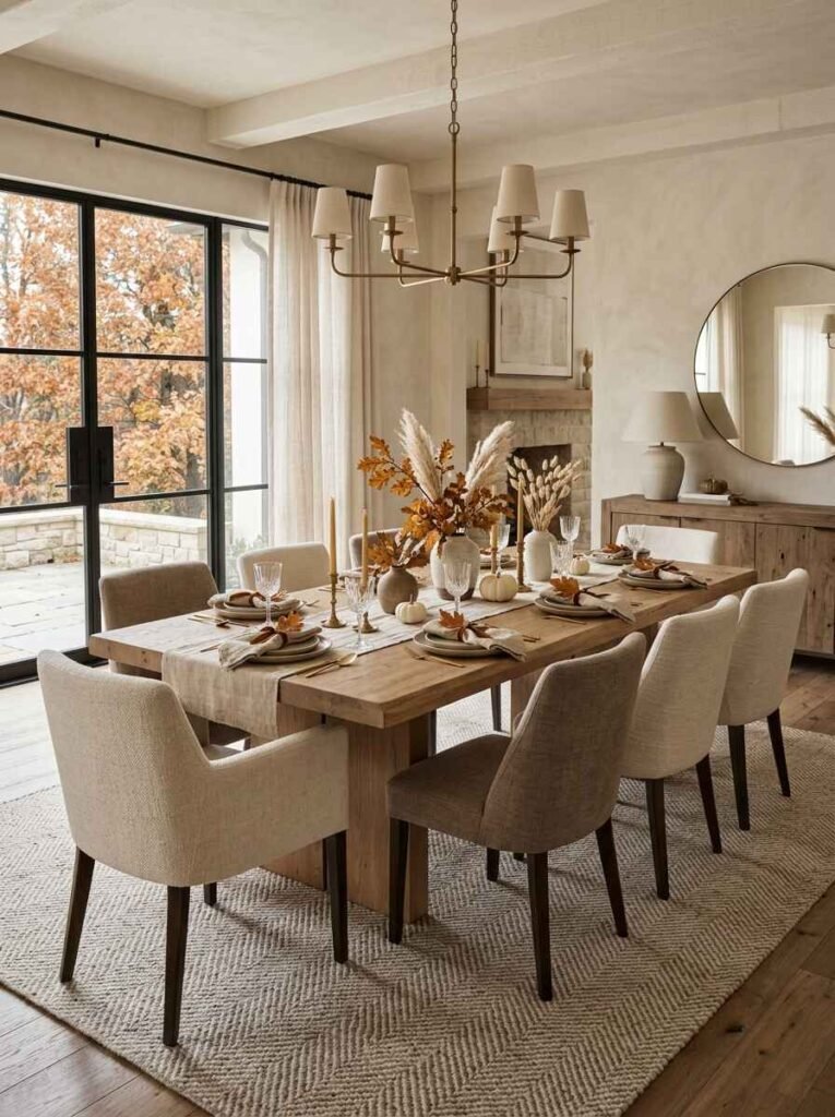 Neutral fall dining room with light beige upholstered chairs, dried wheat arrangements, white pumpkins, and a brass chandelier.