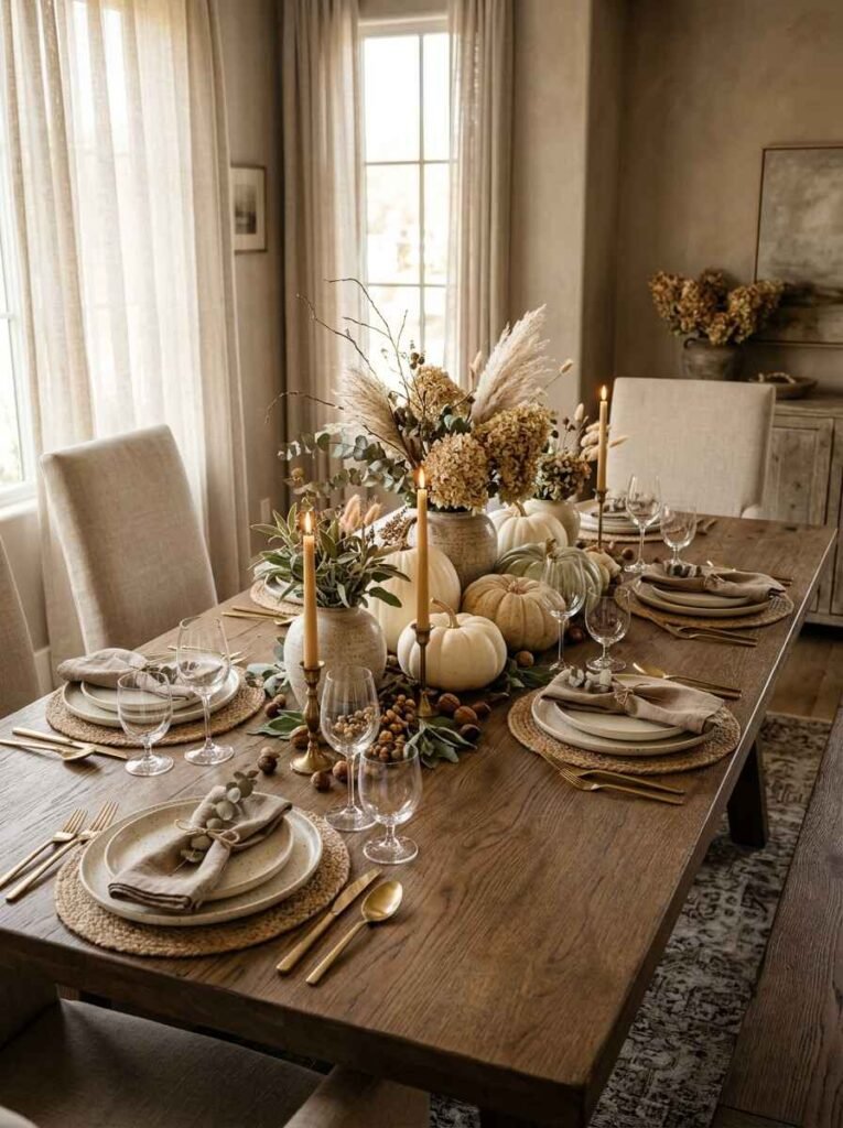Neutral autumn dining table decorated with white heirloom pumpkins, pampas grass, cream linens, and gold flatware.