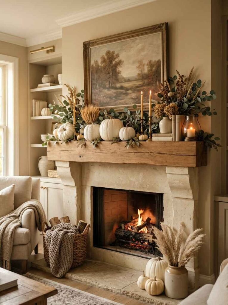 Limestone fireplace mantel decorated with white heirloom pumpkins, eucalyptus garland, vintage landscape art, and woven baskets.