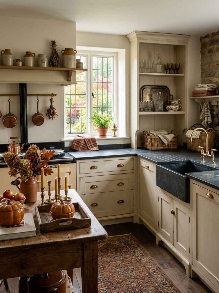 Vintage cream kitchen featuring a dark stone farmhouse sink, aged brass hardware, a wooden tray with ceramic pumpkins, and an antique rug.