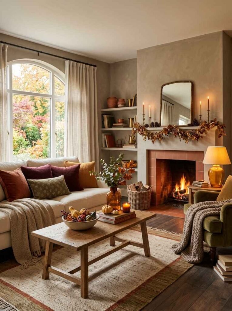 Cozy living room styled in a warm fall color palette featuring terracotta and rust velvet pillows, an olive green armchair, glowing fireplace, and oak leaf garland.